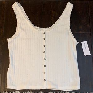 AE button front lace trim tank top